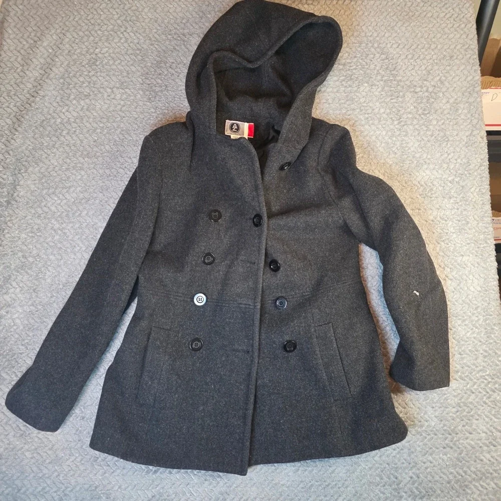 Arizona Jean Co‎ Womens Charcoal Gray 100% Wool Hooded Pea Coat Jacket Medium